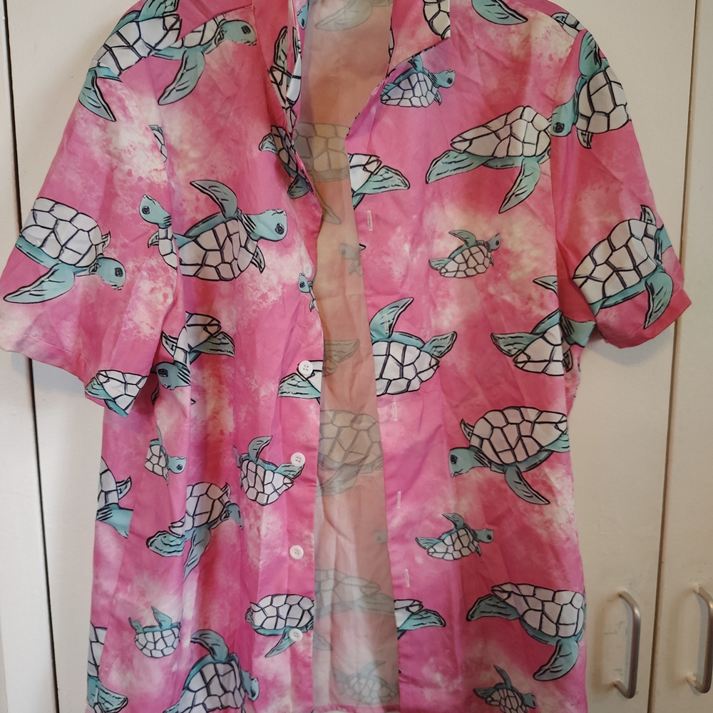 Pink Turtle Print Button-Up Shirt